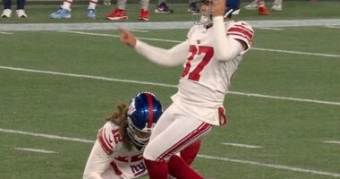 Koo's kicking foot planted straight into the turf about half a yard before the ball on an attempt