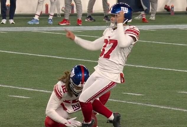 Koo's kicking foot planted straight into the turf about half a yard before the ball on an attempt