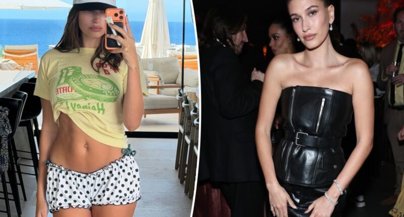 Hailey Bieber displays taut midriff in tiny polka-dot shorts for beachside selfie