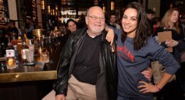 Mila Kunis, Jim Beam¿s global brand partner, and Fred Noe, the brand¿s seventh-generation master distiller, toast fans at a Repeal Day event in Chicago in December 2018.