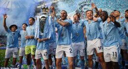 Manchester City celebrate winning the title in 2024, a remarkable achievement as it was an unprecedented fourth in a row