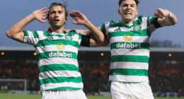 Benjamin Nygren celebrates with Kieran Tierney after putting Celtic back in front at Livingston