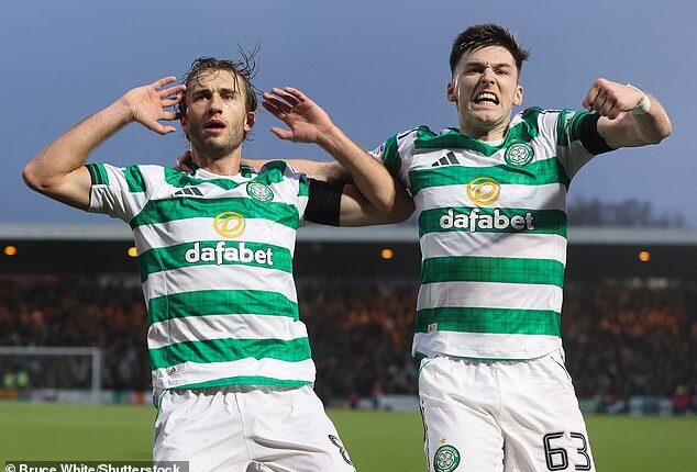 Benjamin Nygren celebrates with Kieran Tierney after putting Celtic back in front at Livingston
