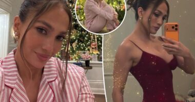 Jennifer Lopez celebrates Christmas in daring red dress, family pajamas