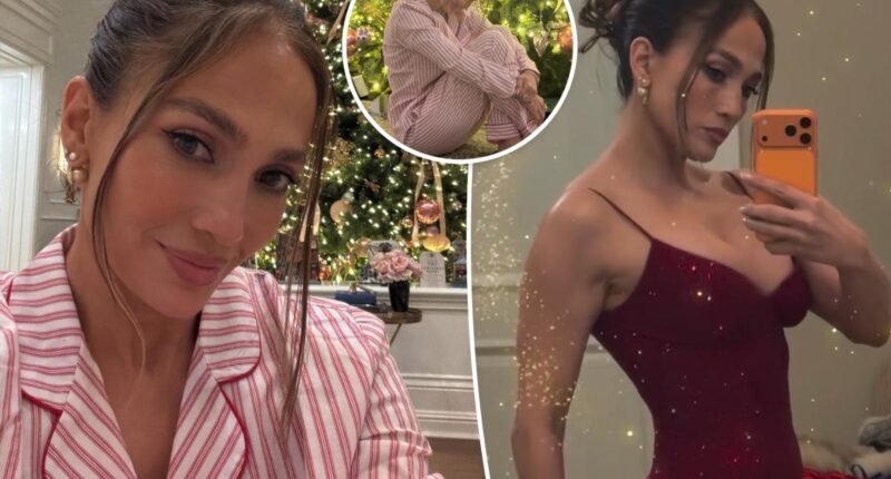 Jennifer Lopez celebrates Christmas in daring red dress, family pajamas