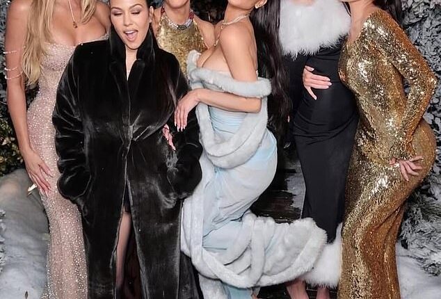 (from left) Khloe Kardashian, Kourtney Kardashian, Kris Jenner, Kim Kardashian, Kendall Jenner and Kylie Jenner are pictured at the family's 2023 Christmas Eve bash