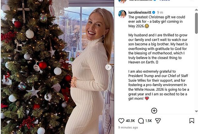Karoline Leavitt reveals she's pregnant with a baby girl: 'Best Christmas gift we could ask for'