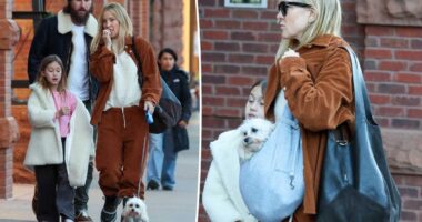 Kate Hudson pairs orange corduroy set with snow boots for shopping in Aspen