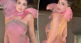 Kylie Jenner wears Conner Ives feather dress at Kylie Cosmetics holiday party