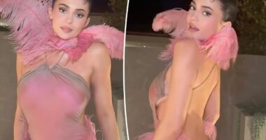 Kylie Jenner wears Conner Ives feather dress at Kylie Cosmetics holiday party