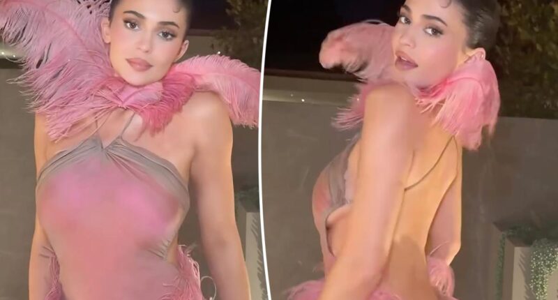 Kylie Jenner wears Conner Ives feather dress at Kylie Cosmetics holiday party