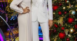 Claudia wears a vintage cream midi from Reloved Again for Strictly¿s Christmas Day Special, while Tess waltzes off in a £590 trouser-suit by Nadine Merabi