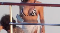 Lauren Sanchez risked a wardrobe mishap as she nearly spilled out of her bikini top while she was partying with her husband, Amazon tycoon Jeff Bezos, and famous friends in St. Barts