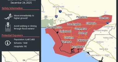 Los Angeles is expected to be especially hard hit by the incoming winter storms, with a severe flood warning in place for the area until 12pm on Wednesday. Hundreds of residents in at-risk neighborhoods have been warned to 'immediately move to higher ground'