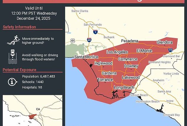 Los Angeles is expected to be especially hard hit by the incoming winter storms, with a severe flood warning in place for the area until 12pm on Wednesday. Hundreds of residents in at-risk neighborhoods have been warned to 'immediately move to higher ground'