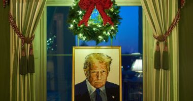 Christmas decorations at the White House this year include a portrait of President Donald Trump made entirely of Lego blocks