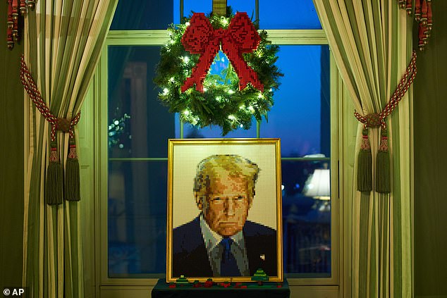 Christmas decorations at the White House this year include a portrait of President Donald Trump made entirely of Lego blocks