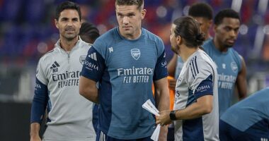 Mikel Arteta (left) has predicted that Viktor Gyokeres will go up a level in the second -half of the ongoing season