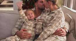 Molly-Mae Hague and Vogue Williams get passionate with their partners as they lead the celeb families enjoying Christmas in coordinating pyjamas