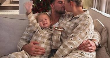 Molly-Mae Hague and Vogue Williams get passionate with their partners as they lead the celeb families enjoying Christmas in coordinating pyjamas