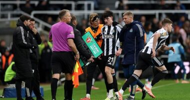 Newcastle defender Tino Livramento cut a devastated figure as he hobbled down the tunnel after suffering an injury against Fulham in the Carabao Cup on Wednesday night