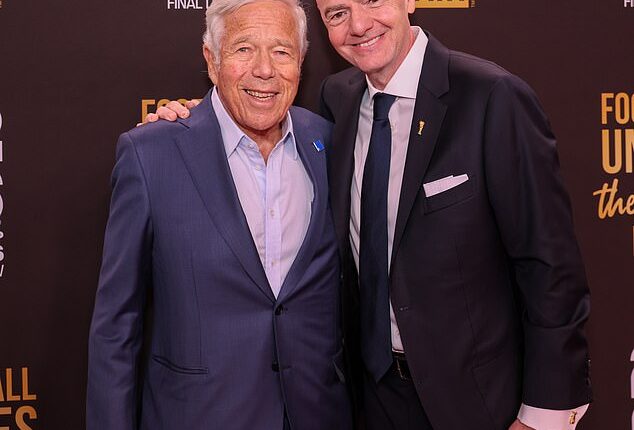 FIFA President Gianni Infantino poses for a photo with New England Patriots owner Robert Kraft (left) at John F. Kennedy Center for the Performing Arts on December 5