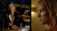A split screen imagine of Bill (David Carradine) and Beatrix Kiddo (Uma Thurman) from a trailer for Kill Bill: The Whole Bloody Affair.