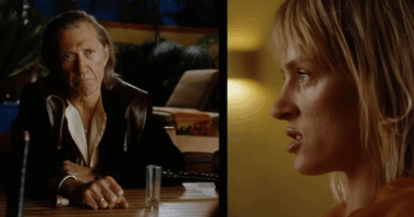 A split screen imagine of Bill (David Carradine) and Beatrix Kiddo (Uma Thurman) from a trailer for Kill Bill: The Whole Bloody Affair.