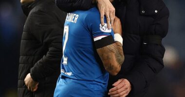Danny Rohl embraces James Tavernier at the final whistle after victory over St Mirren
