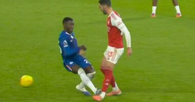 Moises Caicedo plants his studs into Mikel Merino's ankle at Stamford Bridge on Sunday