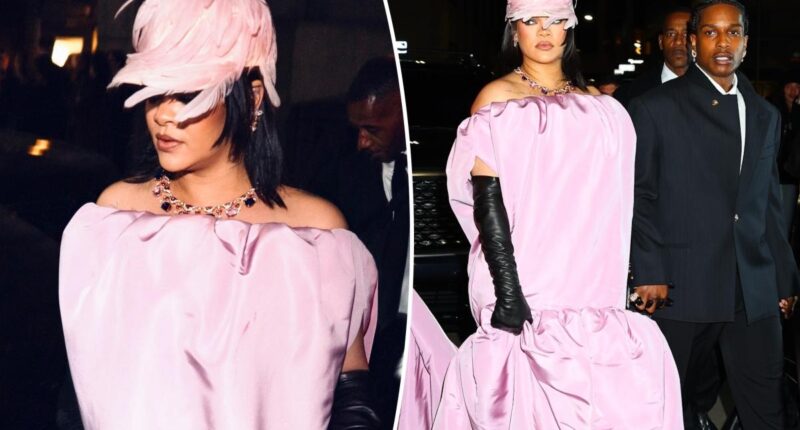 Rihanna wears Balenciaga dress with feather hat and leather gloves at 2025 Gotham Film Awards