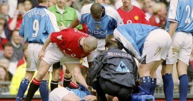 Roy Keane has reignited his long-standing feud with Erling Haaland's father Alf-Inge (pictured in 2001 when Keane clattered Haaland during the Manchester derby)