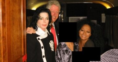 Bill Clinton is seen with his arm around Michael Jackson. The pair pose with Diana Ross and a redacted woman