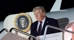 President Donald Trump remained silent about the release of thousands of photos related to convicted pedophile Jeffery Epstein while speaking at a Friday night rally. Pictured: Trump getting off a plane at West Palm Beach International Airport to head to his Mar-a-Lago resort