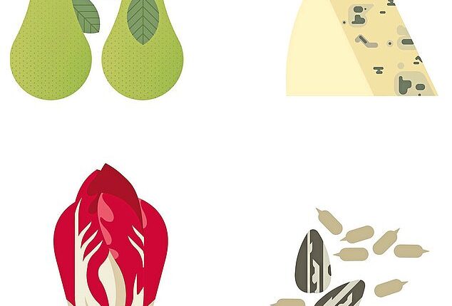 2 pears, £1.60; 50g stilton, £1.40; 4 bulbs red chicory, £3; 4 tbsp sunflower seeds, £1.20