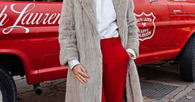 Vintage coat. Shirt and boots, Massimo Dutti. Trousers, Cos. Earrings, The White Company.