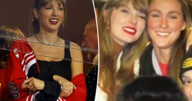 Taylor Swift adorably holds Kylie Kelce's daughter at Chiefs vs. Chargers game during birthday weekend