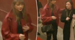 Taylor Swift wears festive red bomber jacket at Chiefs vs. Broncos game on Christmas