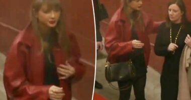 Taylor Swift wears festive red bomber jacket at Chiefs vs. Broncos game on Christmas
