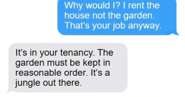 A fiery landlord-tenant showdown over an overgrown lawn has ignited a debate after messages revealed how quickly a disagreement over 'just grass' can spiral into a feud