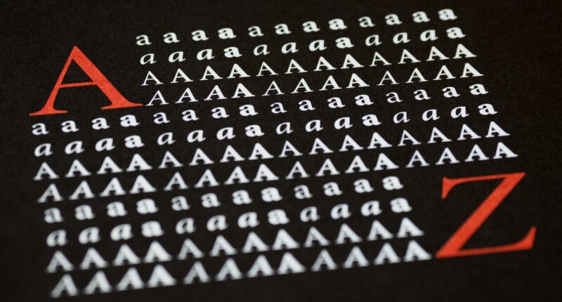The letter "A" in various type styles on a black background
