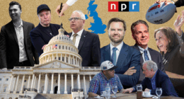 a collage of people and icons including Charlie Kirk, Elon Musk, Tim Walz, JD Vance, Jake Tapper, Kamala Harris, and the US Capitol building