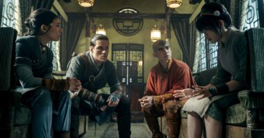 (L to R) Kiawentiio Tarbell as Katara, Ian Ousley as Sokka, Gordan Cormier as Aang, Miya Cech as Toph in season 2 of Avatar: The Last Airbender