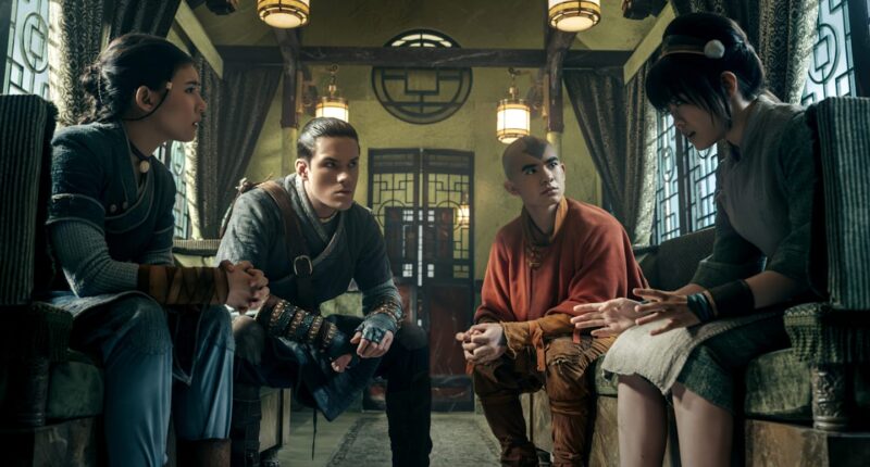 (L to R) Kiawentiio Tarbell as Katara, Ian Ousley as Sokka, Gordan Cormier as Aang, Miya Cech as Toph in season 2 of Avatar: The Last Airbender