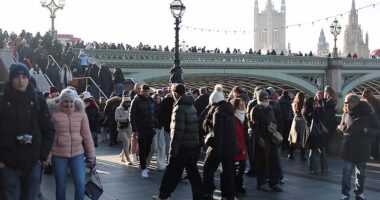 Photos taken this afternoon show London Bridge already packed out as Brits don wooly hats and scarves in preparation for the occasion