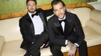 Sam Thompson, left, and Pete Wicks wear suits and shirts from Reiss, accessorizing with bow ties from Next. Sam wears shoes from Bobbies while Pete wears a pair from Asos