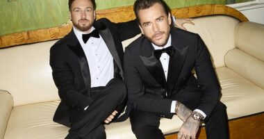 Sam Thompson, left, and Pete Wicks wear suits and shirts from Reiss, accessorizing with bow ties from Next. Sam wears shoes from Bobbies while Pete wears a pair from Asos