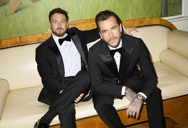 Sam Thompson, left, and Pete Wicks wear suits and shirts from Reiss, accessorizing with bow ties from Next. Sam wears shoes from Bobbies while Pete wears a pair from Asos