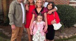 Jamie Lynn Spears, 34, (center) posted a carousel of highlights from the family's celebration captioned, 'Merry CHRISTMAS.' In addition to her nephew (second from right), she was joined by husband Jamie Watson (left), daughters Ivey, 7, (front) and Maddie, 17, (second from left) and mom Lynne, 70 (right)