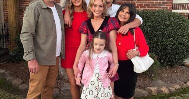 Jamie Lynn Spears, 34, (center) posted a carousel of highlights from the family's celebration captioned, 'Merry CHRISTMAS.' In addition to her nephew (second from right), she was joined by husband Jamie Watson (left), daughters Ivey, 7, (front) and Maddie, 17, (second from left) and mom Lynne, 70 (right)